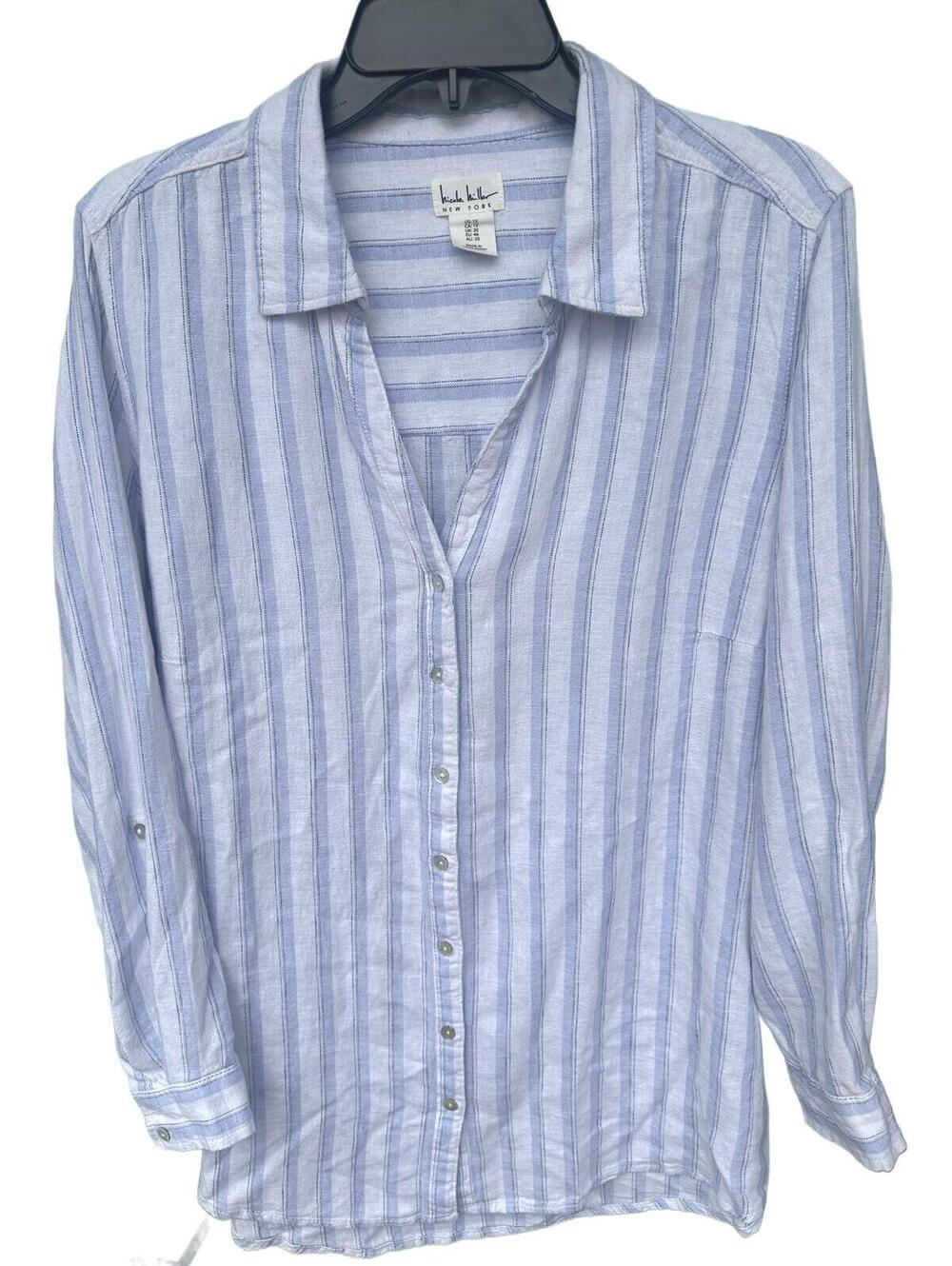Nicole Miller New York Light Blue Linen Blend Striped Button-Up Blouse- Size 1X